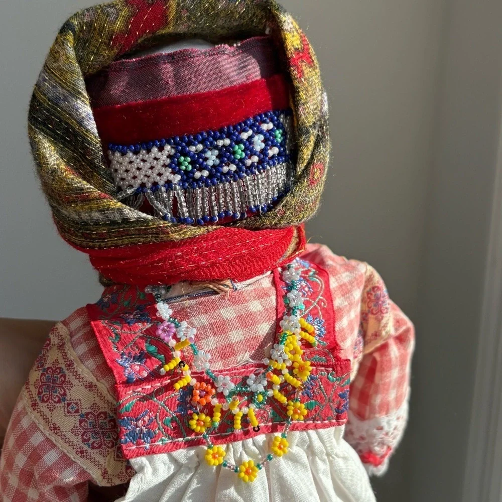 Vintage handmade faceless traditional folk rag doll fabric beads necklace RARE